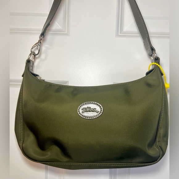 LONGCHAMP Nylon Crescent Shoulder Bag with Silver Accents in Olive Green - EUC - Picture 1 of 10